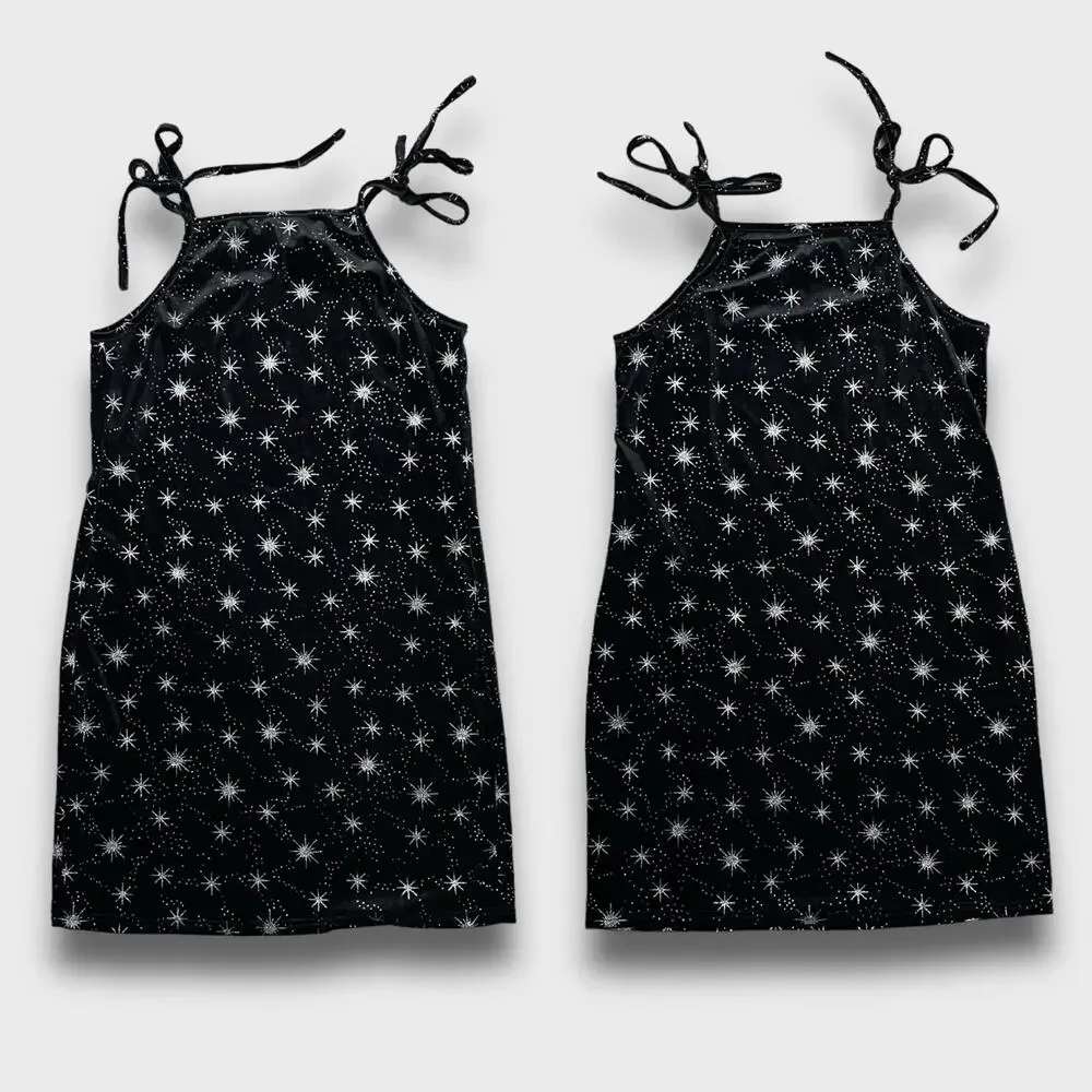 BOUTIQUE Y2K VELOUR CELESTIAL STARS MINI PARTY DRESS BLACK SILVER SMALL